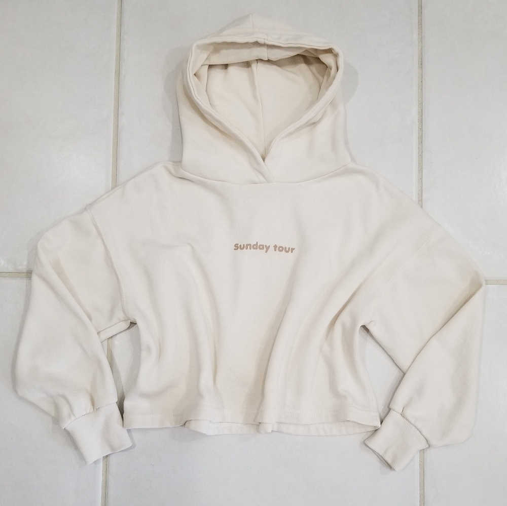 Zara "Sunday Tour" Girls Cropped Hooded Sweatshirt in Ecru 9 - Picture 5 of 12